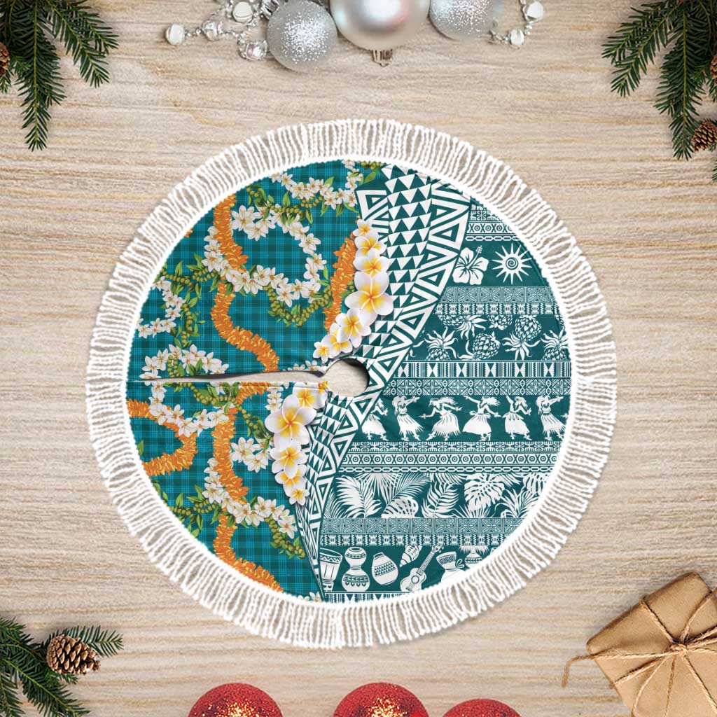 Hawaiian Plumeria Lei Tree Skirt Kakau Motifs and Palaka Half Style Turquoise Color LT03 Fringed Turquoise - Polynesian Pride
