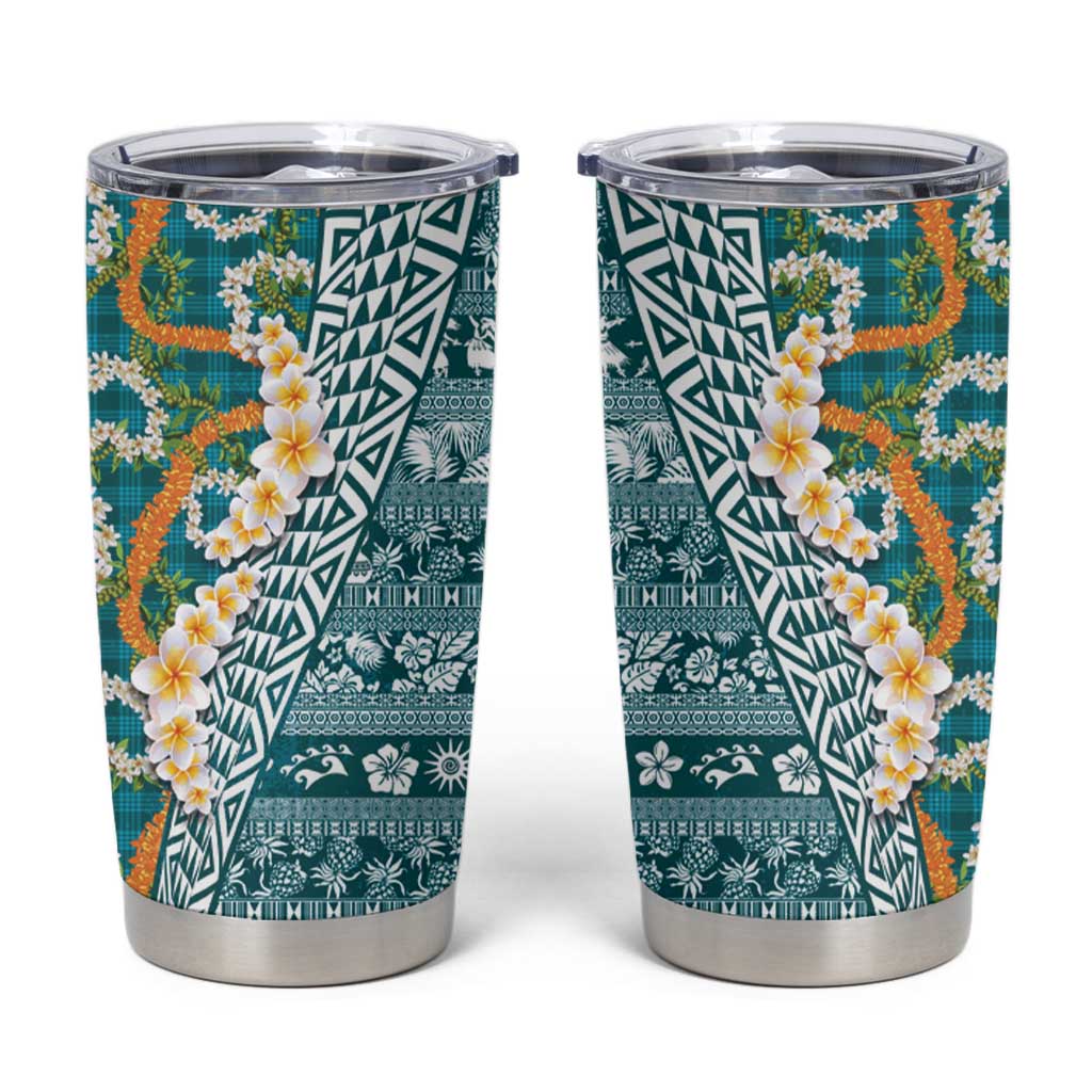 Hawaiian Plumeria Lei Tumbler Cup Kakau Motifs and Palaka Half Style Turquoise Color LT03 Turquoise - Polynesian Pride