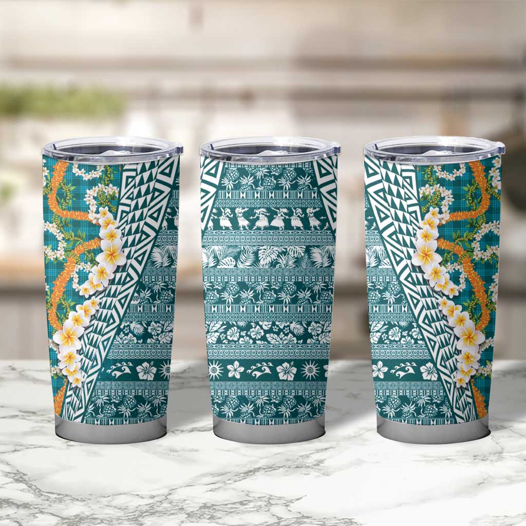 Hawaiian Plumeria Lei Tumbler Cup Kakau Motifs and Palaka Half Style Turquoise Color LT03 - Polynesian Pride