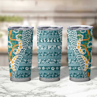 Hawaiian Plumeria Lei Tumbler Cup Kakau Motifs and Palaka Half Style Turquoise Color LT03 - Polynesian Pride