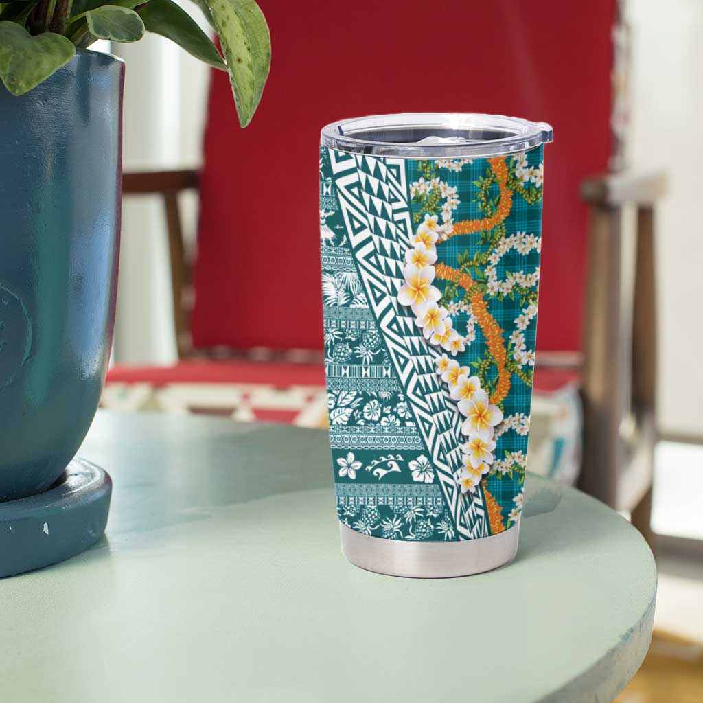 Hawaiian Plumeria Lei Tumbler Cup Kakau Motifs and Palaka Half Style Turquoise Color LT03 - Polynesian Pride