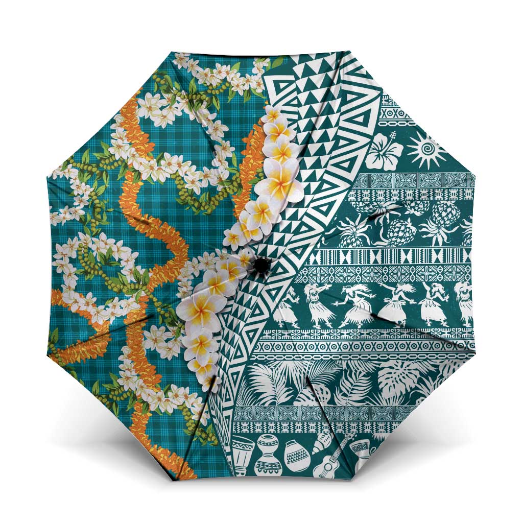 Hawaiian Plumeria Lei Umbrella Kakau Motifs and Palaka Half Style Turquoise Color LT03 One Size Folded 11.42 inch Opened Diameter 37.4 inch Turquoise - Polynesian Pride