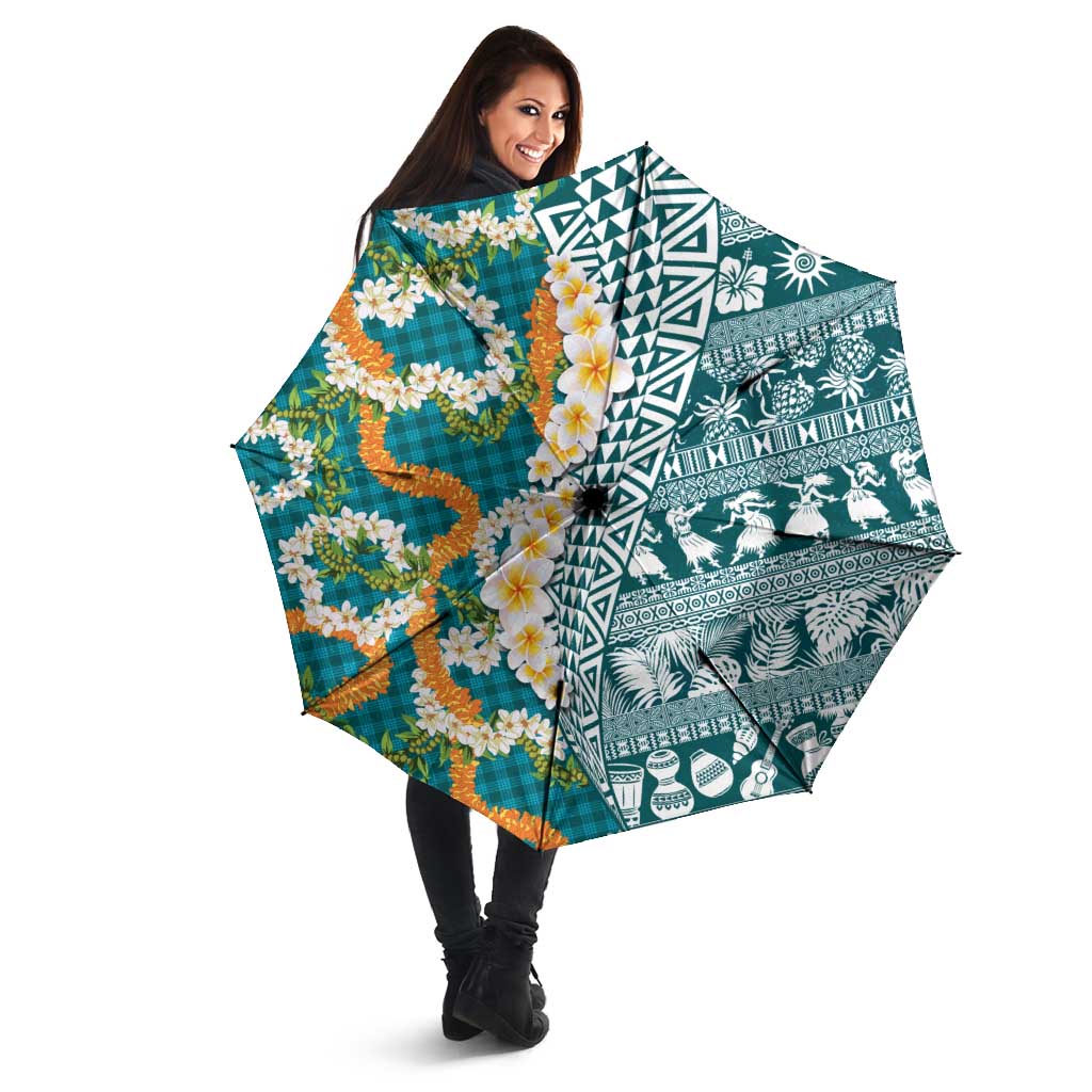 Hawaiian Plumeria Lei Umbrella Kakau Motifs and Palaka Half Style Turquoise Color LT03 - Polynesian Pride