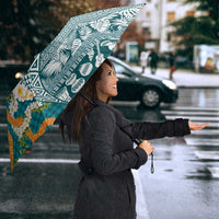 Hawaiian Plumeria Lei Umbrella Kakau Motifs and Palaka Half Style Turquoise Color LT03 - Polynesian Pride