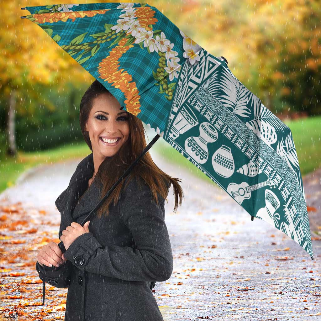 Hawaiian Plumeria Lei Umbrella Kakau Motifs and Palaka Half Style Turquoise Color LT03 - Polynesian Pride