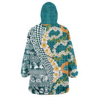 Hawaiian Plumeria Lei Wearable Blanket Hoodie Kakau Motifs and Palaka Half Style Turquoise Color LT03 - Polynesian Pride