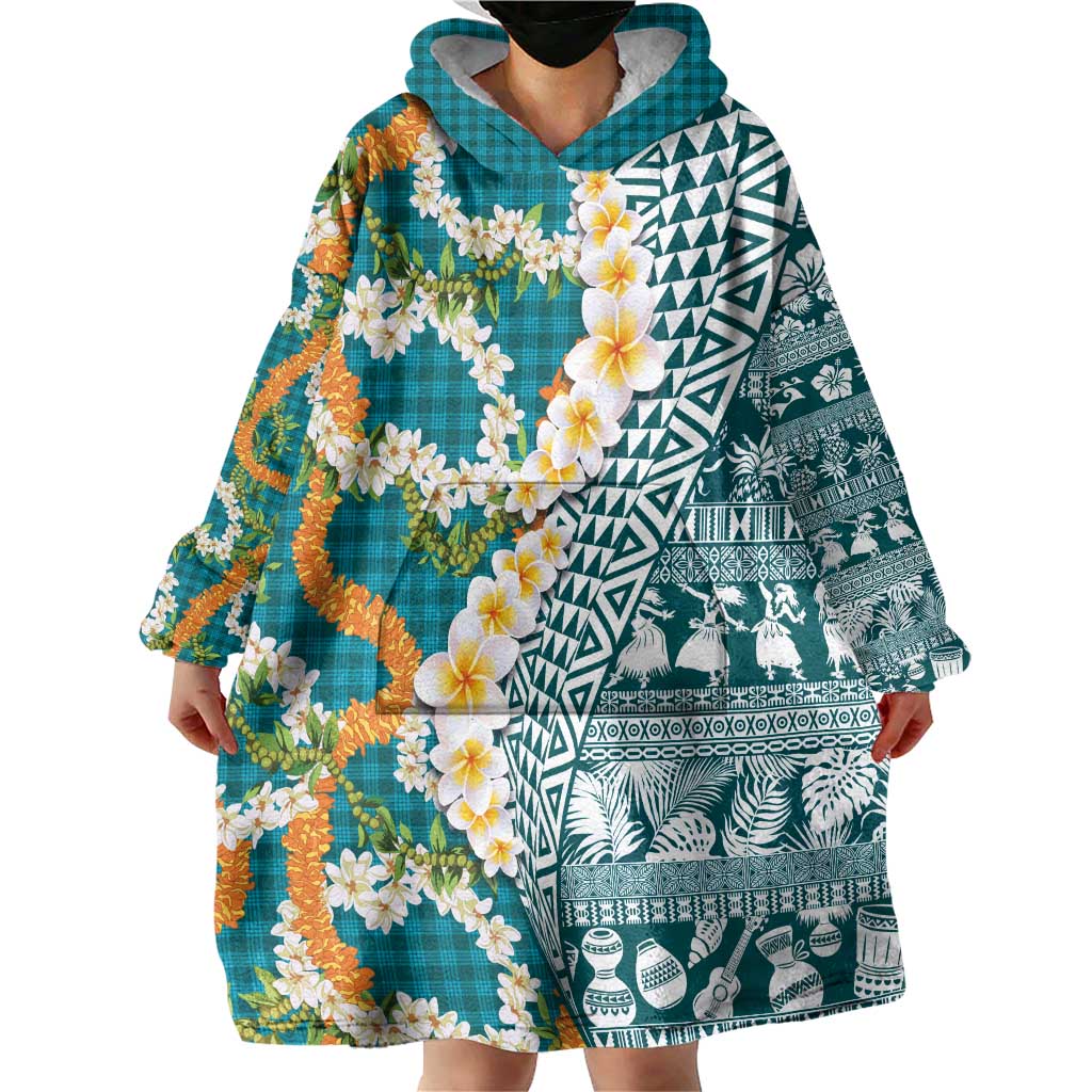 Hawaiian Plumeria Lei Wearable Blanket Hoodie Kakau Motifs and Palaka Half Style Turquoise Color LT03 - Polynesian Pride