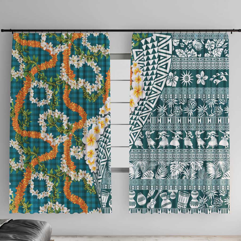 Hawaiian Plumeria Lei Window Curtain Kakau Motifs and Palaka Half Style Turquoise Color LT03 With Hooks Turquoise - Polynesian Pride