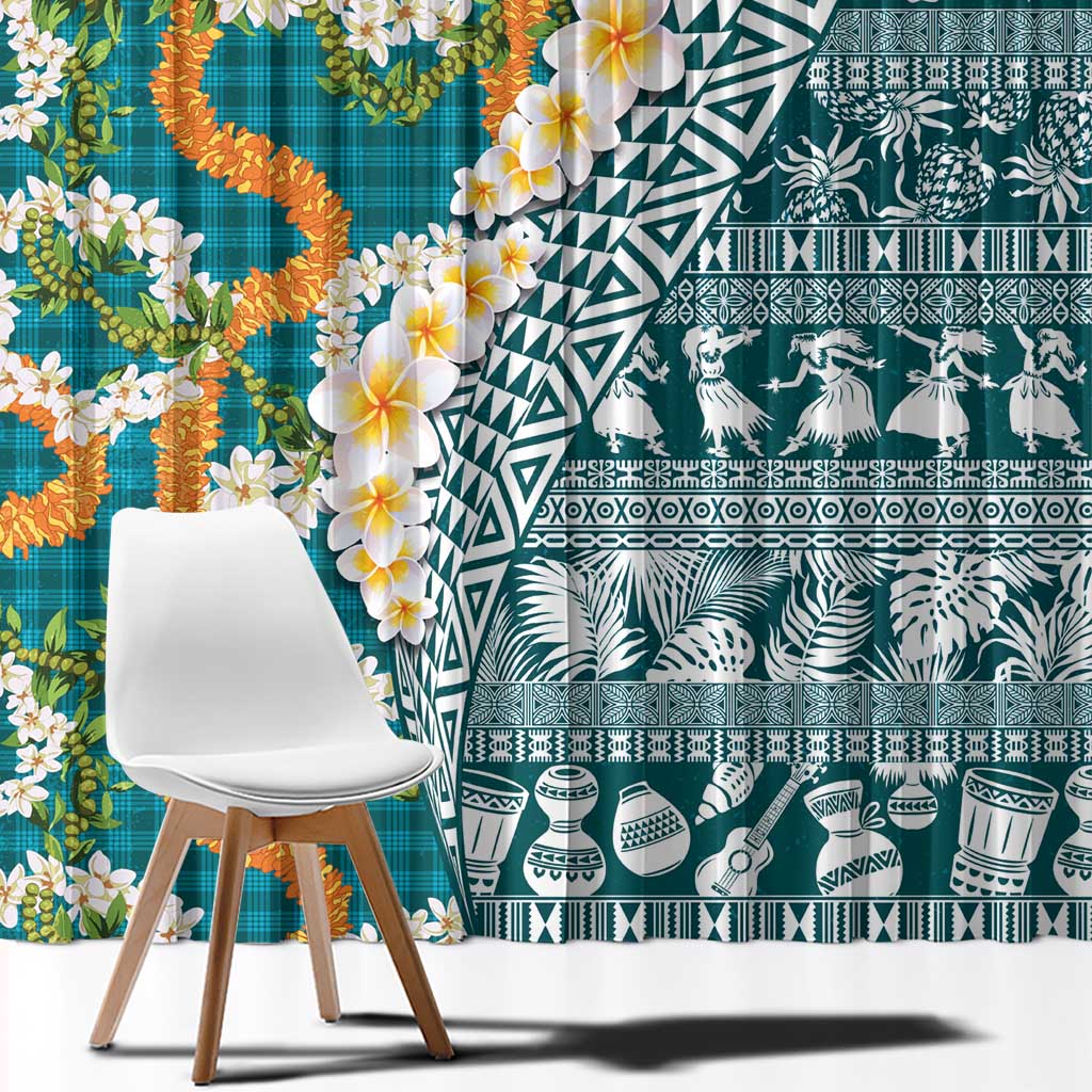 Hawaiian Plumeria Lei Window Curtain Kakau Motifs and Palaka Half Style Turquoise Color LT03 - Polynesian Pride
