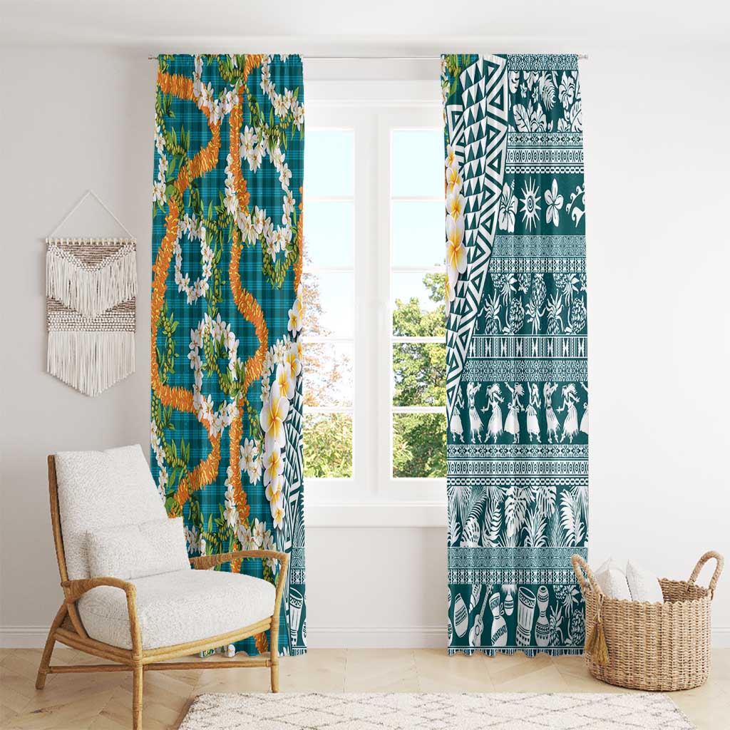 Hawaiian Plumeria Lei Window Curtain Kakau Motifs and Palaka Half Style Turquoise Color LT03 - Polynesian Pride