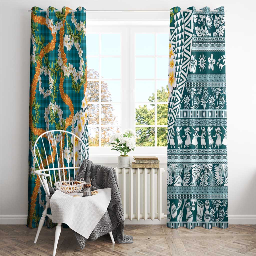 Hawaiian Plumeria Lei Window Curtain Kakau Motifs and Palaka Half Style Turquoise Color LT03 - Polynesian Pride