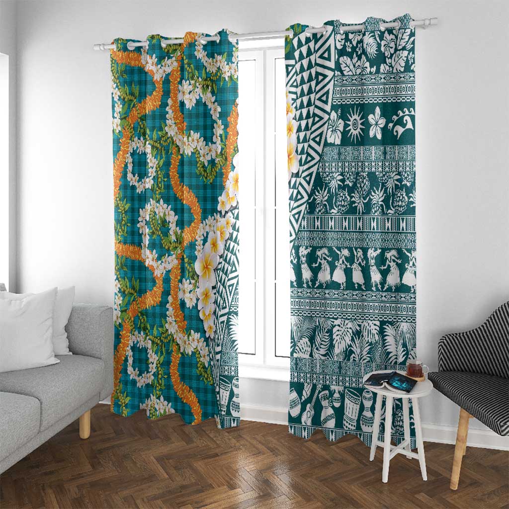 Hawaiian Plumeria Lei Window Curtain Kakau Motifs and Palaka Half Style Turquoise Color LT03 With Grommets Turquoise - Polynesian Pride