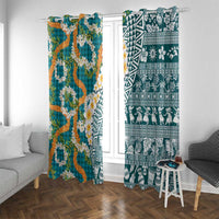 Hawaiian Plumeria Lei Window Curtain Kakau Motifs and Palaka Half Style Turquoise Color LT03 With Grommets Turquoise - Polynesian Pride