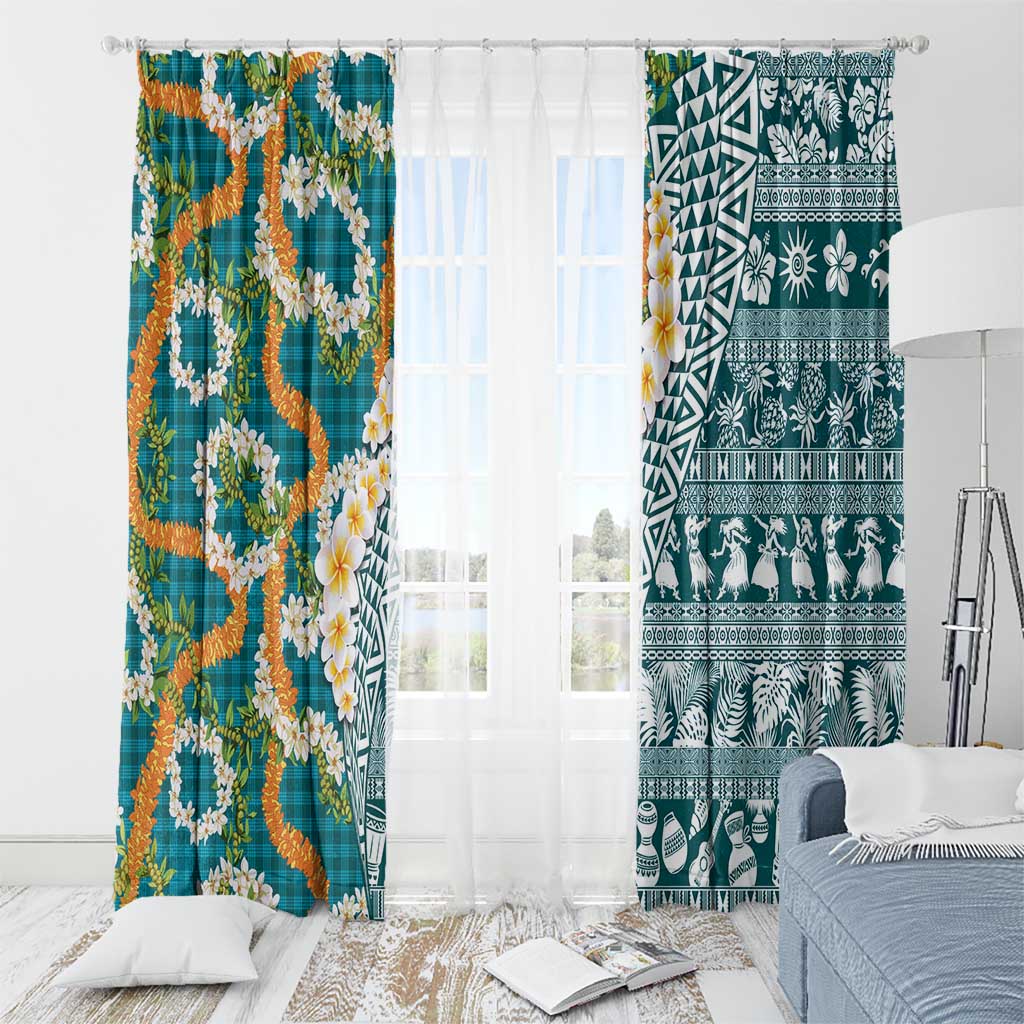 Hawaiian Plumeria Lei Window Curtain Kakau Motifs and Palaka Half Style Turquoise Color LT03 - Polynesian Pride