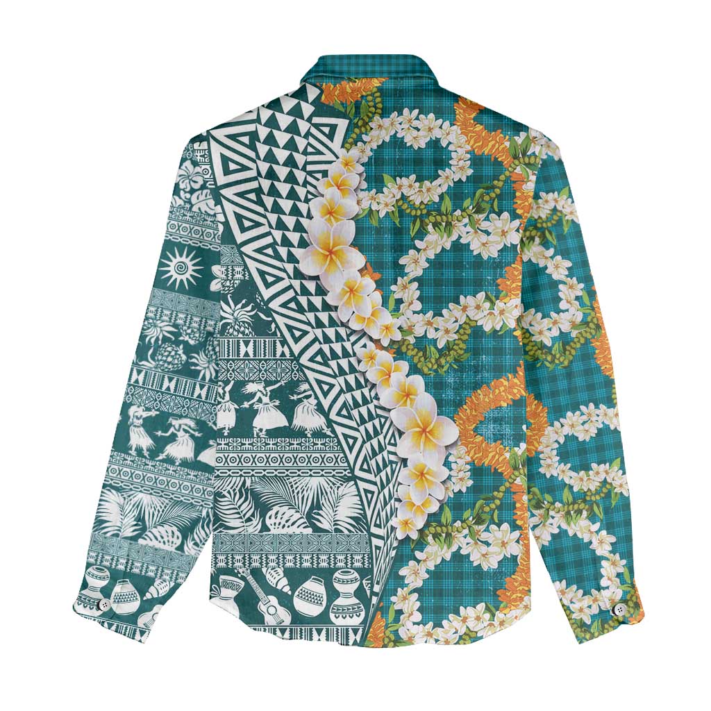 Hawaiian Plumeria Lei Women Casual Shirt Kakau Motifs and Palaka Half Style Turquoise Color LT03 - Polynesian Pride