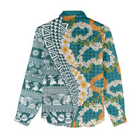 Hawaiian Plumeria Lei Women Casual Shirt Kakau Motifs and Palaka Half Style Turquoise Color LT03 - Polynesian Pride