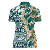 Hawaiian Plumeria Lei Women Polo Shirt Kakau Motifs and Palaka Half Style Turquoise Color LT03 - Polynesian Pride