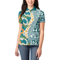 Hawaiian Plumeria Lei Women Polo Shirt Kakau Motifs and Palaka Half Style Turquoise Color LT03 - Polynesian Pride