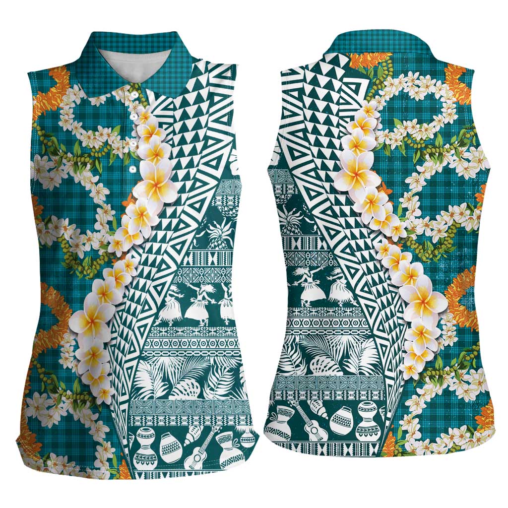 Hawaiian Plumeria Lei Women Sleeveless Polo Shirt Kakau Motifs and Palaka Half Style Turquoise Color LT03 - Polynesian Pride