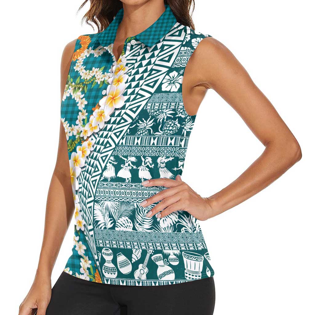 Hawaiian Plumeria Lei Women Sleeveless Polo Shirt Kakau Motifs and Palaka Half Style Turquoise Color LT03 - Polynesian Pride