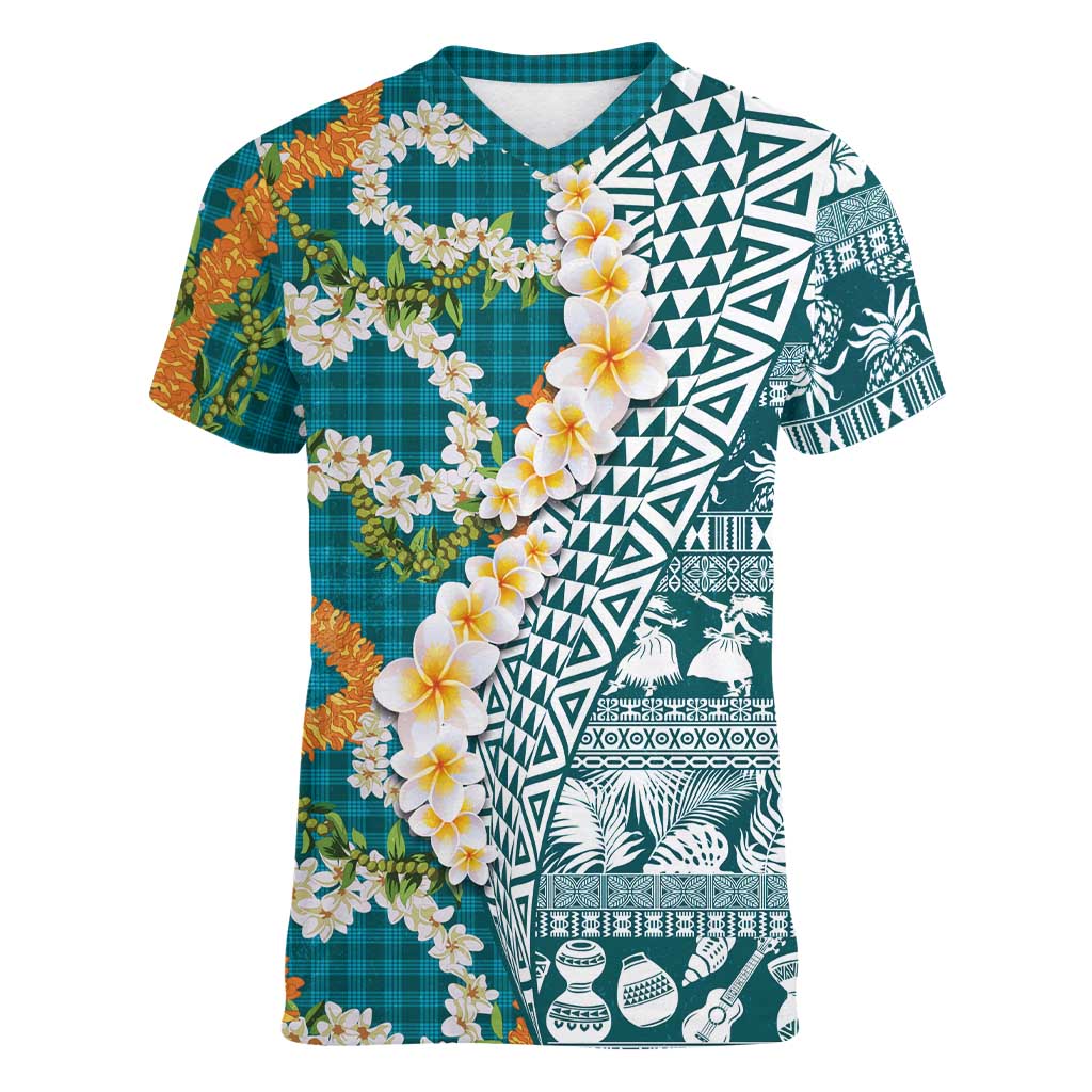 Hawaiian Plumeria Lei Women V-Neck T-Shirt Kakau Motifs and Palaka Half Style Turquoise Color LT03 Female Turquoise - Polynesian Pride
