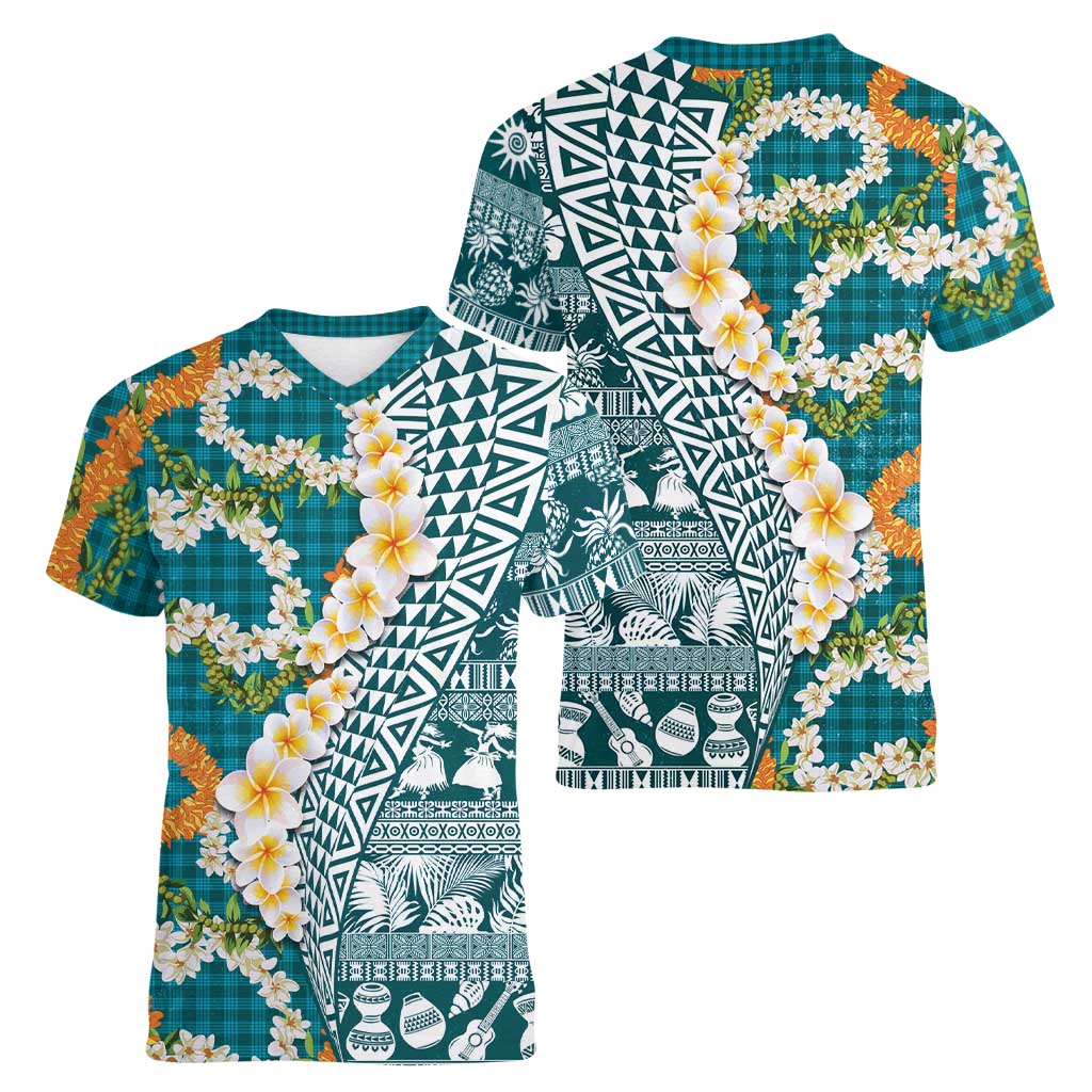 Hawaiian Plumeria Lei Women V-Neck T-Shirt Kakau Motifs and Palaka Half Style Turquoise Color LT03 - Polynesian Pride