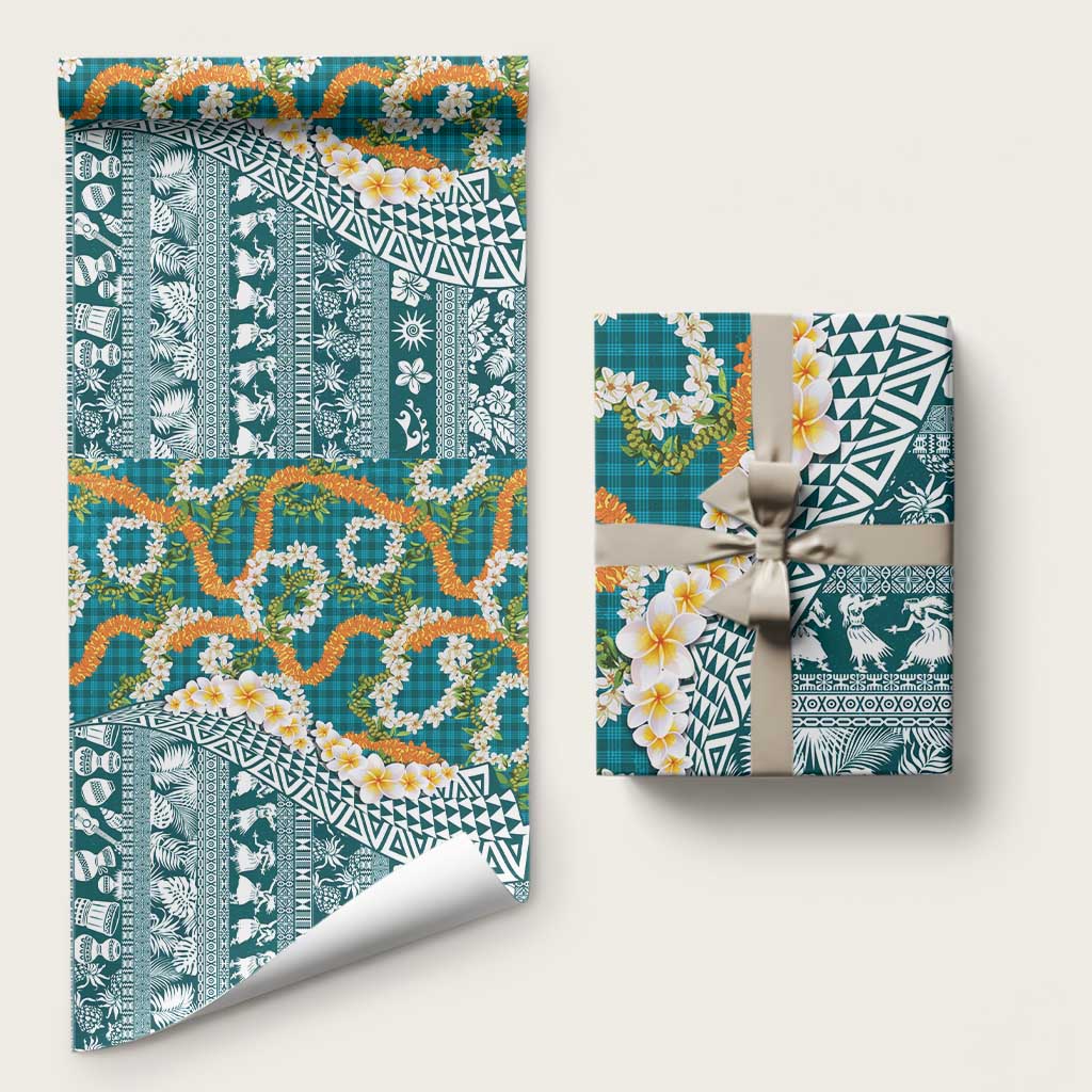 Hawaiian Plumeria Lei Wrapping Paper Kakau Motifs and Palaka Half Style Turquoise Color LT03 58" × 23" Turquoise - Polynesian Pride