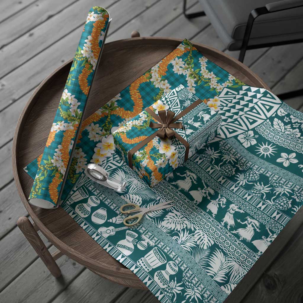 Hawaiian Plumeria Lei Wrapping Paper Kakau Motifs and Palaka Half Style Turquoise Color LT03 - Polynesian Pride