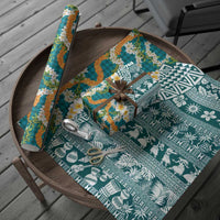 Hawaiian Plumeria Lei Wrapping Paper Kakau Motifs and Palaka Half Style Turquoise Color LT03 - Polynesian Pride