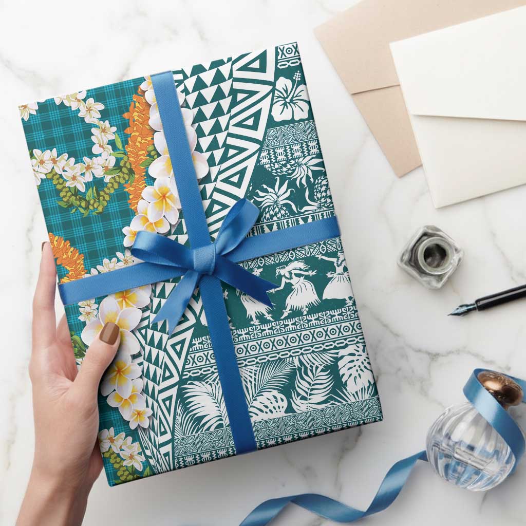 Hawaiian Plumeria Lei Wrapping Paper Kakau Motifs and Palaka Half Style Turquoise Color LT03 - Polynesian Pride