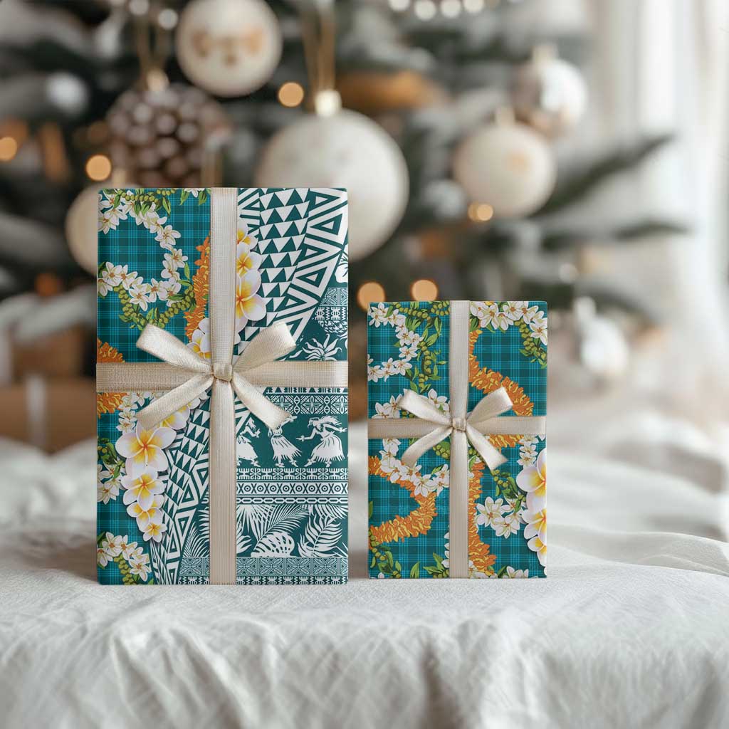 Hawaiian Plumeria Lei Wrapping Paper Kakau Motifs and Palaka Half Style Turquoise Color LT03 - Polynesian Pride