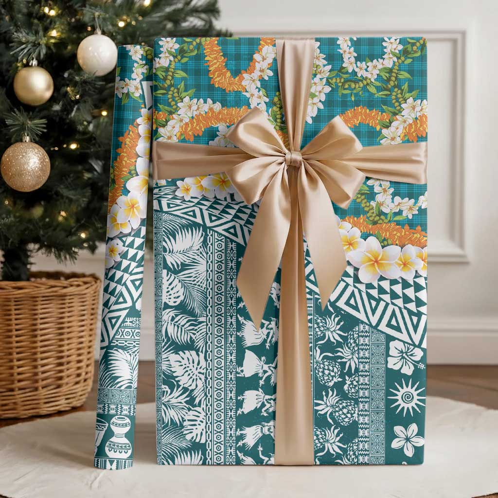 Hawaiian Plumeria Lei Wrapping Paper Kakau Motifs and Palaka Half Style Turquoise Color LT03 - Polynesian Pride