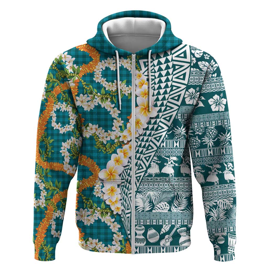 Hawaiian Plumeria Lei Zip Hoodie Kakau Motifs and Palaka Half Style Turquoise Color LT03 Zip Hoodie Turquoise - Polynesian Pride