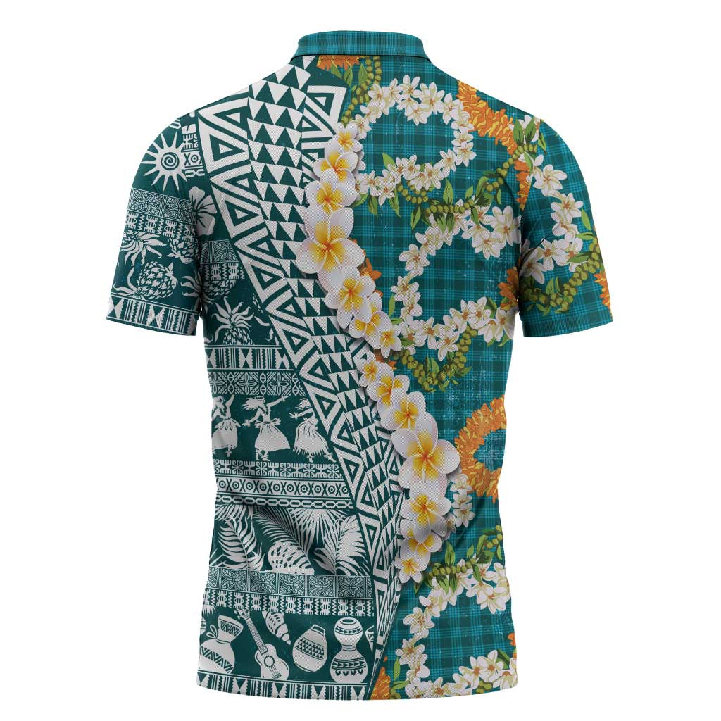 Hawaiian Plumeria Lei Zipper Polo Shirt Kakau Motifs and Palaka Half Style Turquoise Color LT03 - Polynesian Pride