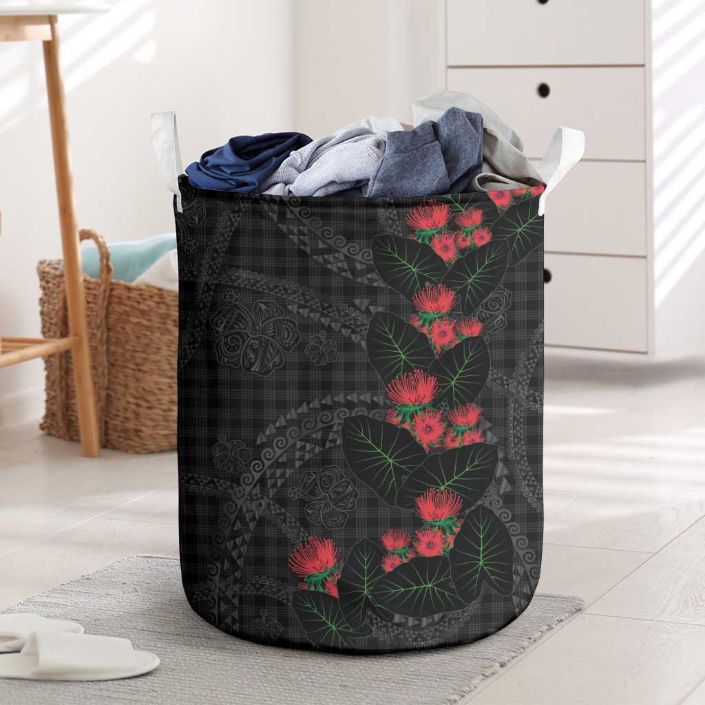 Hawaiian Kakau Art Laundry Basket Taro Leaves with Ohia Lehua and Pakala Pattern LT03 Black - Polynesian Pride