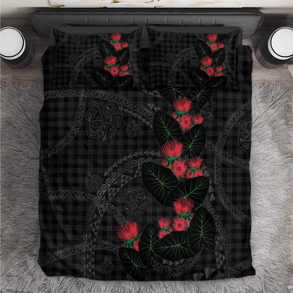 Hawaiian Kakau Art Bedding Set Taro Leaves with Ohia Lehua and Pakala Pattern - Polynesian Pride