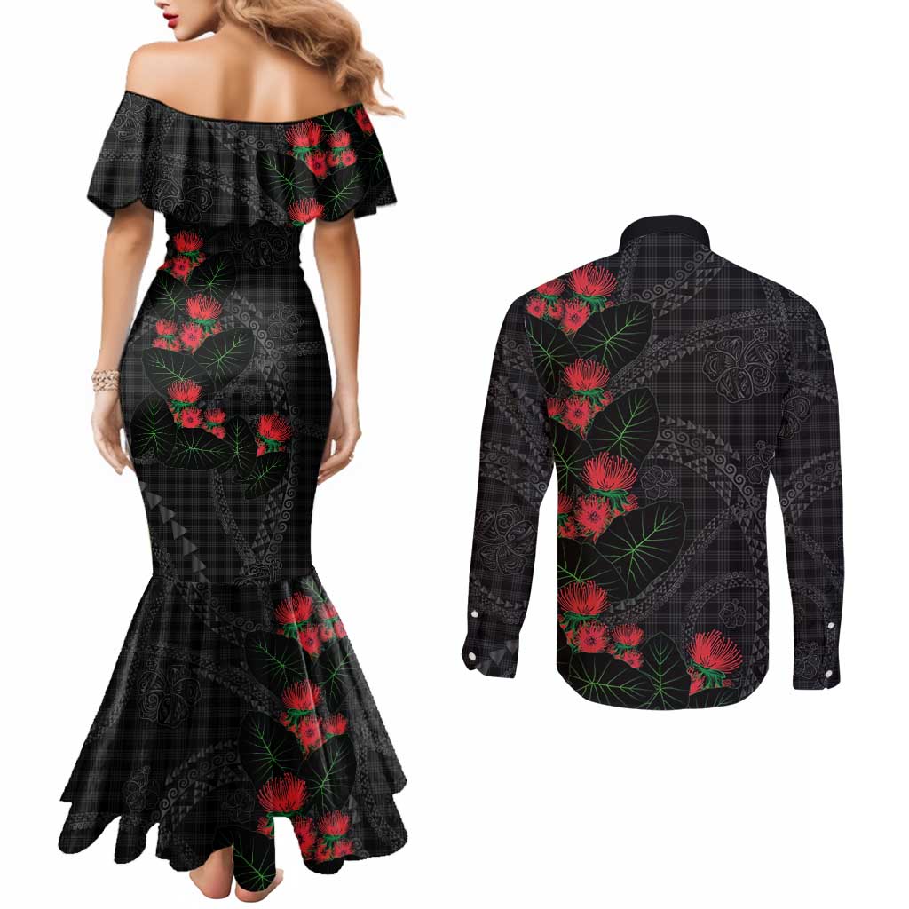 Hawaiian Kakau Art Couples Matching Mermaid Dress and Long Sleeve Button Shirt Taro Leaves with Ohia Lehua and Pakala Pattern LT03 - Polynesian Pride