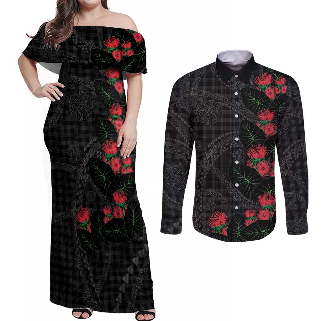 Hawaiian Kakau Art Couples Matching Off Shoulder Maxi Dress and Long Sleeve Button Shirt Taro Leaves with Ohia Lehua and Pakala Pattern LT03 Black - Polynesian Pride