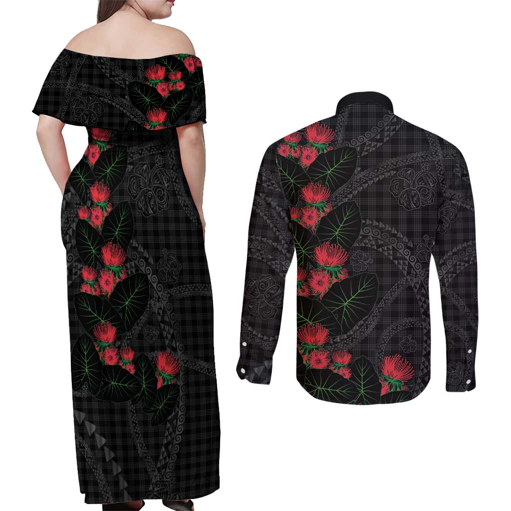 Hawaiian Kakau Art Couples Matching Off Shoulder Maxi Dress and Long Sleeve Button Shirt Taro Leaves with Ohia Lehua and Pakala Pattern LT03 - Polynesian Pride