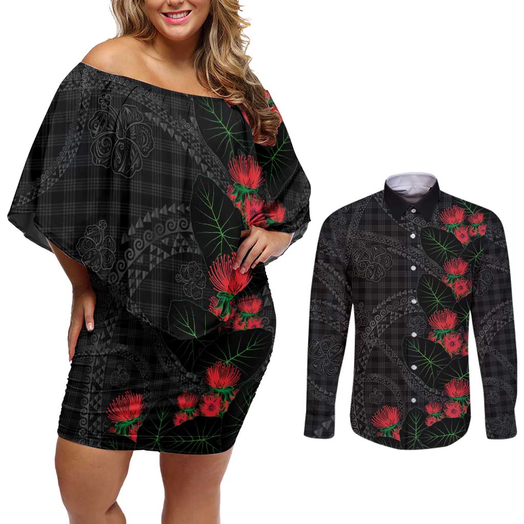 Hawaiian Kakau Art Couples Matching Off Shoulder Short Dress and Long Sleeve Button Shirt Taro Leaves with Ohia Lehua and Pakala Pattern LT03 Black - Polynesian Pride