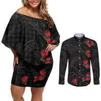 Hawaiian Kakau Art Couples Matching Off Shoulder Short Dress and Long Sleeve Button Shirt Taro Leaves with Ohia Lehua and Pakala Pattern LT03 Black - Polynesian Pride
