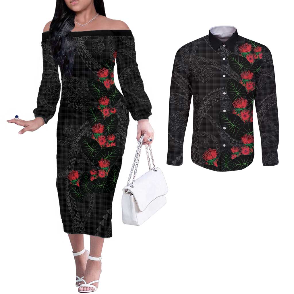 Hawaiian Kakau Art Couples Matching Off The Shoulder Long Sleeve Dress and Long Sleeve Button Shirt Taro Leaves with Ohia Lehua and Pakala Pattern LT03 Black - Polynesian Pride