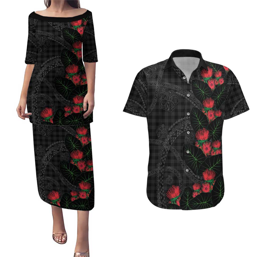 Hawaiian Kakau Art Couples Matching Puletasi and Hawaiian Shirt Taro Leaves with Ohia Lehua and Pakala Pattern LT03 Black - Polynesian Pride