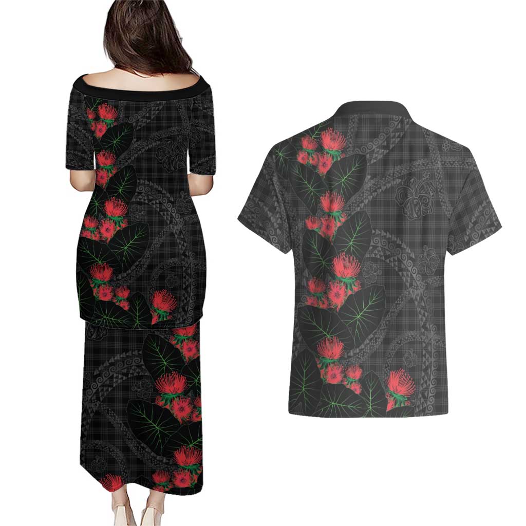 Hawaiian Kakau Art Couples Matching Puletasi and Hawaiian Shirt Taro Leaves with Ohia Lehua and Pakala Pattern LT03 - Polynesian Pride