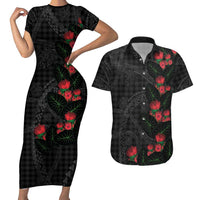 Hawaiian Kakau Art Couples Matching Short Sleeve Bodycon Dress and Hawaiian Shirt Taro Leaves with Ohia Lehua and Pakala Pattern LT03 Black - Polynesian Pride