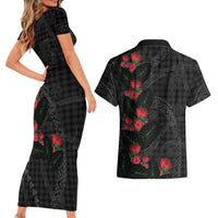 Hawaiian Kakau Art Couples Matching Short Sleeve Bodycon Dress and Hawaiian Shirt Taro Leaves with Ohia Lehua and Pakala Pattern LT03 - Polynesian Pride