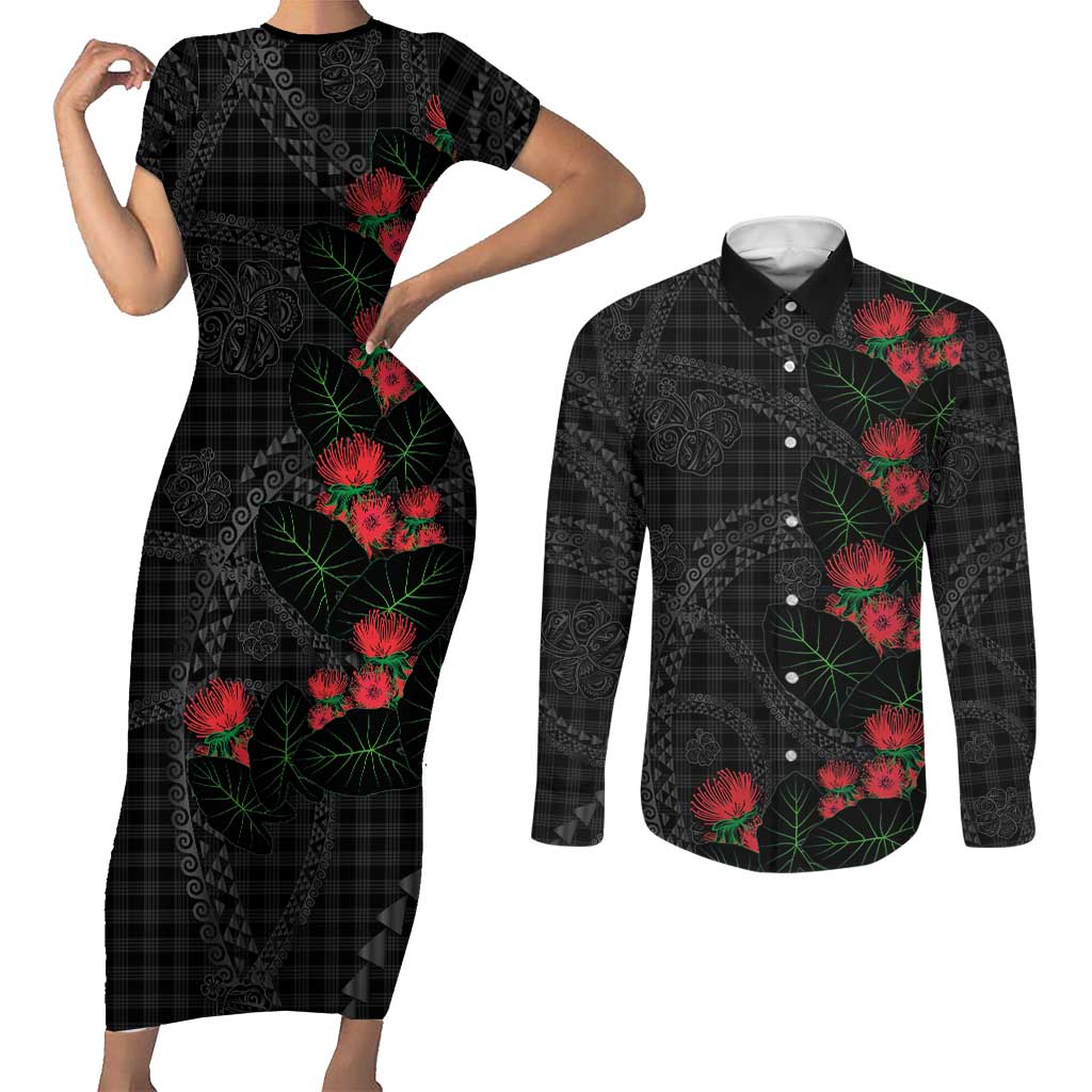 Hawaiian Kakau Art Couples Matching Short Sleeve Bodycon Dress and Long Sleeve Button Shirt Taro Leaves with Ohia Lehua and Pakala Pattern LT03 Black - Polynesian Pride