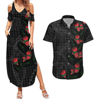 Hawaiian Kakau Art Couples Matching Summer Maxi Dress and Hawaiian Shirt Taro Leaves with Ohia Lehua and Pakala Pattern LT03 Black - Polynesian Pride