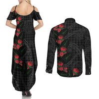 Hawaiian Kakau Art Couples Matching Summer Maxi Dress and Long Sleeve Button Shirt Taro Leaves with Ohia Lehua and Pakala Pattern LT03 - Polynesian Pride
