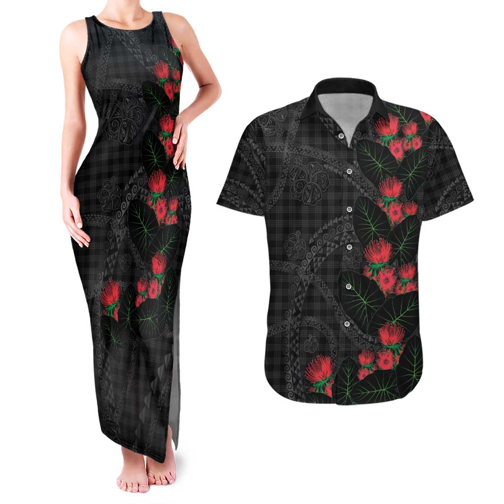 Hawaiian Kakau Art Couples Matching Tank Maxi Dress and Hawaiian Shirt Taro Leaves with Ohia Lehua and Pakala Pattern LT03 Black - Polynesian Pride